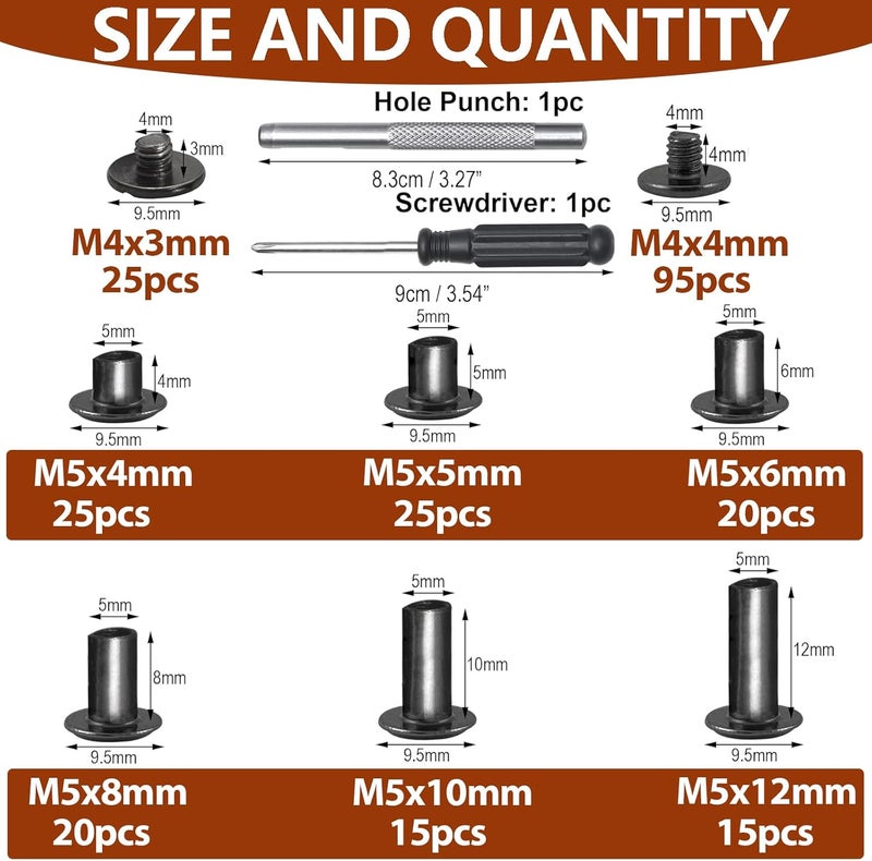 Socell 120Sets Chicago Screws Kit, 6 Sizes Chicago Screws for Leather,Binding Screws Leather Rivet kit for Crafts, Clothing, Shoes, Belts, Bags, and Custom-Made Items(Gunmetal Black, M5*4,5,6,8,10,12) - Image 2